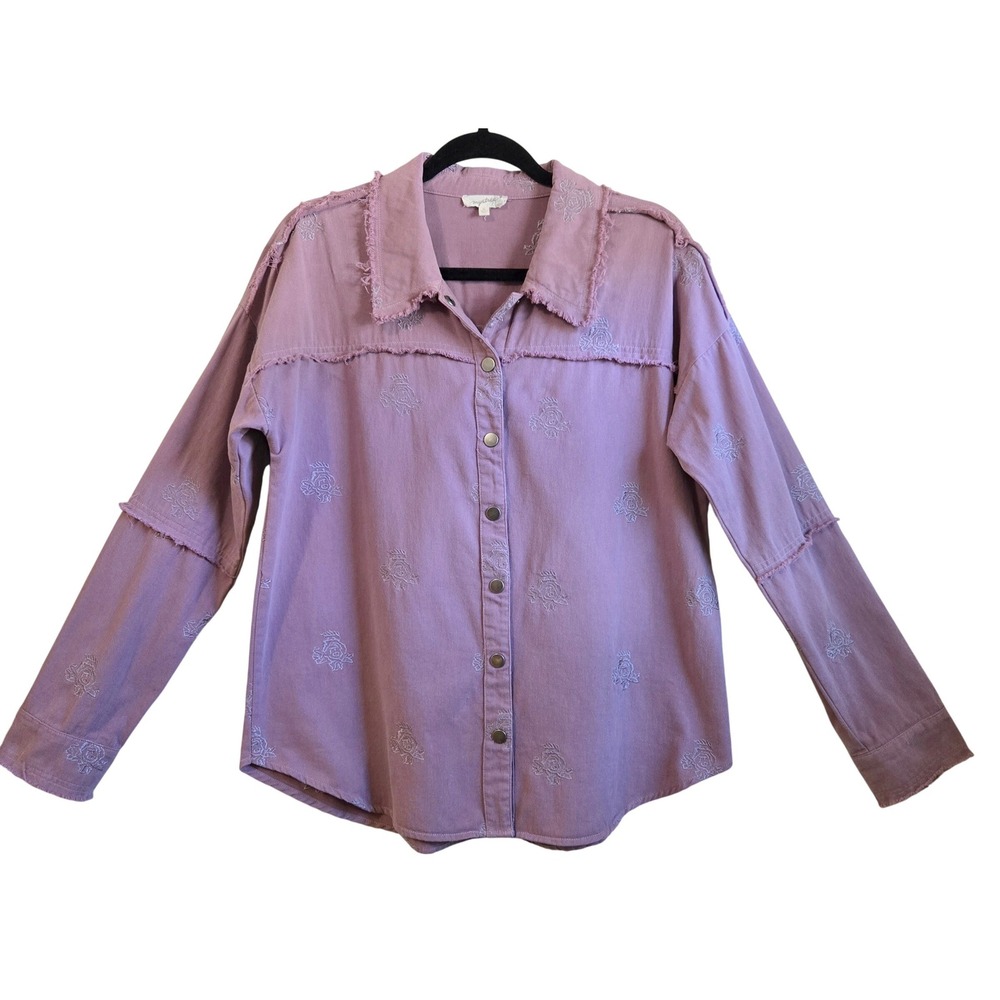 Mystree Boho Chic Lilac Embroidered Rose Denim Shirt Frayed Distressed Shacket M